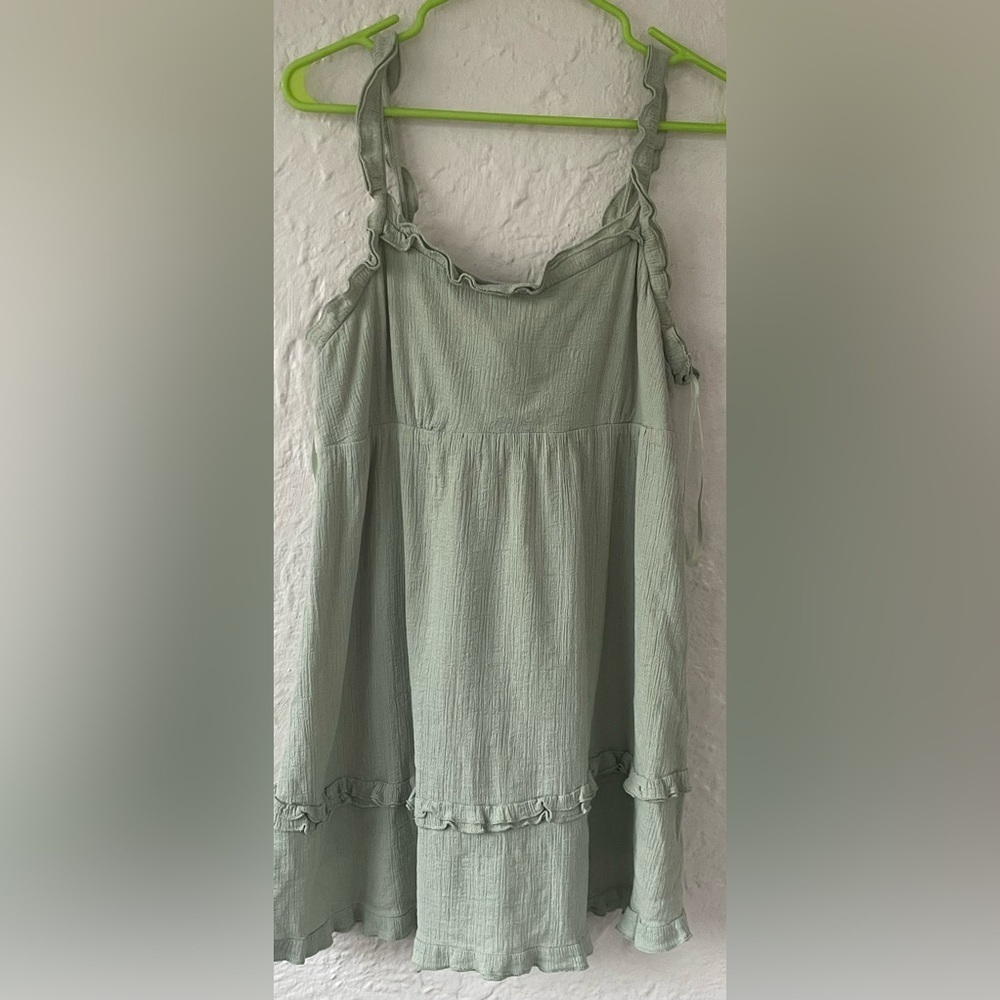 Molly Green sage mini baby doll dress, ruffle straps, open tie back, layered; L